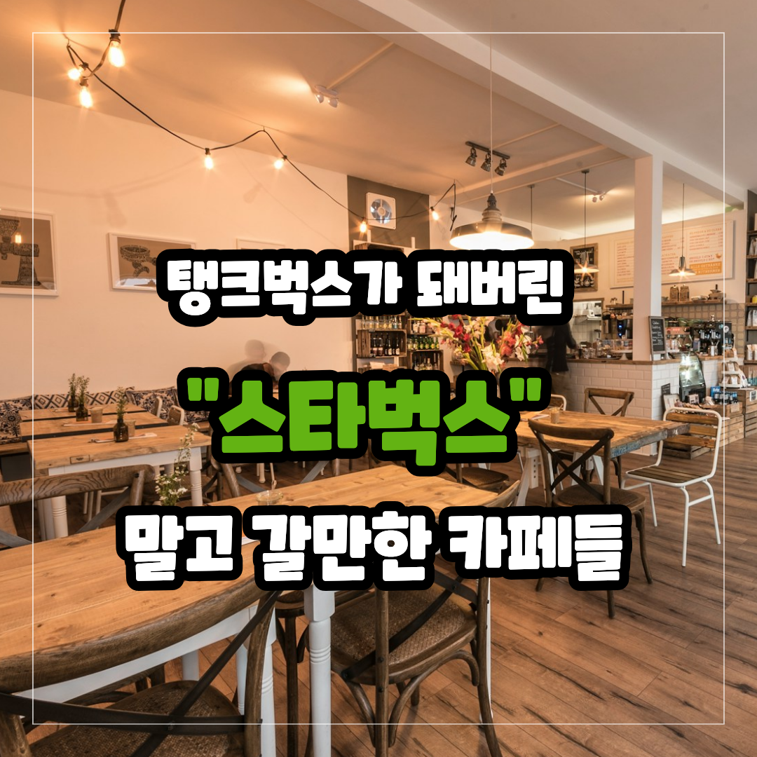 ​"탱크벅스가 돼버린 스타벅스 말고 갈만한 카페들"이라는 문구가 적힌 아늑하고 감성적인 인테리어의 카페 내부 전경 이미지