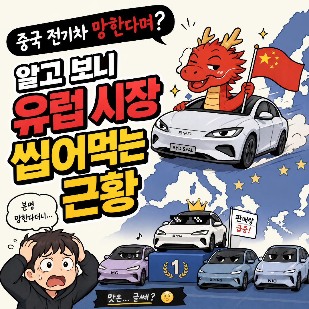 '중국 전기차 망한다며? 알고 보니 유럽 시장 씹어먹는 근황'이라는 자막이 크게 적힌 카툰 스타일 일러스트. 중국 국기를 든 용 캐릭터가 BYD 씰(SEAL) 차량을 타고 유럽 지도를 달리고 있으며, 하단에는 BYD가 1위 단상에 서 있고 MG, XPENG, NIO 차량들이 나열되어 있다.