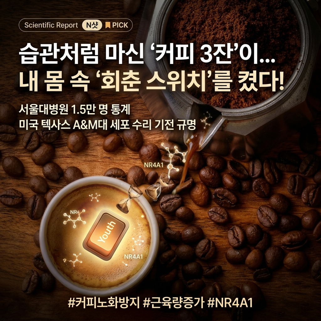 커피 3잔의 노화 방지 효과를 설명하는 썸네일. 서울대병원 1.5만 명 통계와 미국 텍사스 A&M대의 세포 수리 기전 규명 내용을 담은 이미지