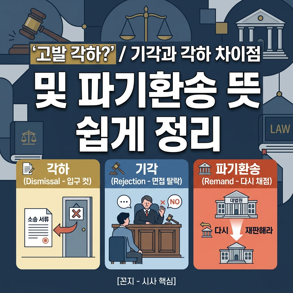 고발 각하 기각 차이점 및 파기환송 뜻 쉽게 정리 블로그 썸네일. 각하(입구 컷), 기각(면접 탈락), 파기환송(다시 채점) 개념을 직관적인 일러스트로 비교한 카드뉴스 이미지.