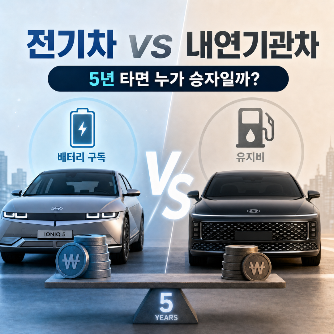 전기차 vs 내연기관차 유지비 비교, 아이오닉 5, 그랜저, 배터리 구독 서비스, 5년 타면 유지비 누가 이득일까?, 자동차 경제성 비교 이미지.
