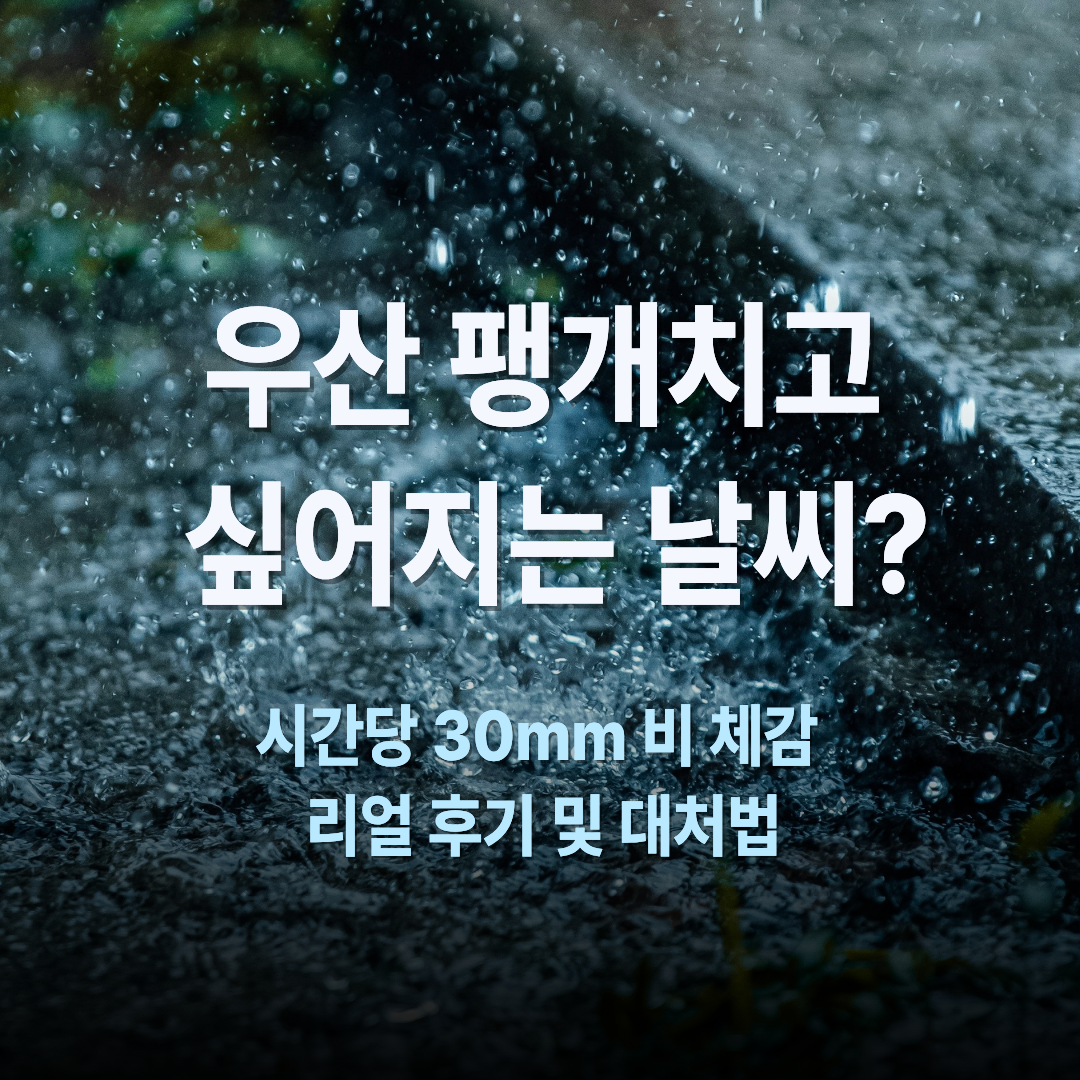폭우가 쏟아지는 배경에 '우산 팽개치고 싶어지는 날씨? 시간당 30mm 비 체감 리얼 후기 및 대처법'이라는 문구가 적힌 썸네일 이미지