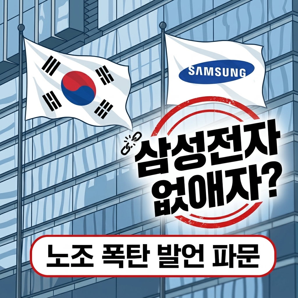 삼성전자 서초 사옥 배경의 일러스트 썸네일. 태극기와 삼성 깃발 아래 빨간색 도장 이미지와 함께 '삼성전자 없애자?', '노조 폭탄 발언 파문'이라는 문구가 강조되어 있음.